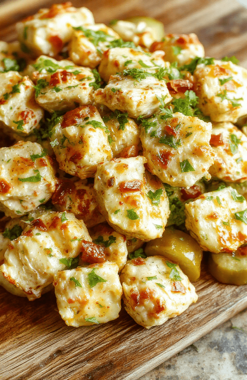 A vibrant chicken salad featuring crunchy shredded chicken, bright green dill pickles, and fresh herbs, served in a white bowl with a textured salad backdrop, with crisp textures and colorful ingredients highlighted.