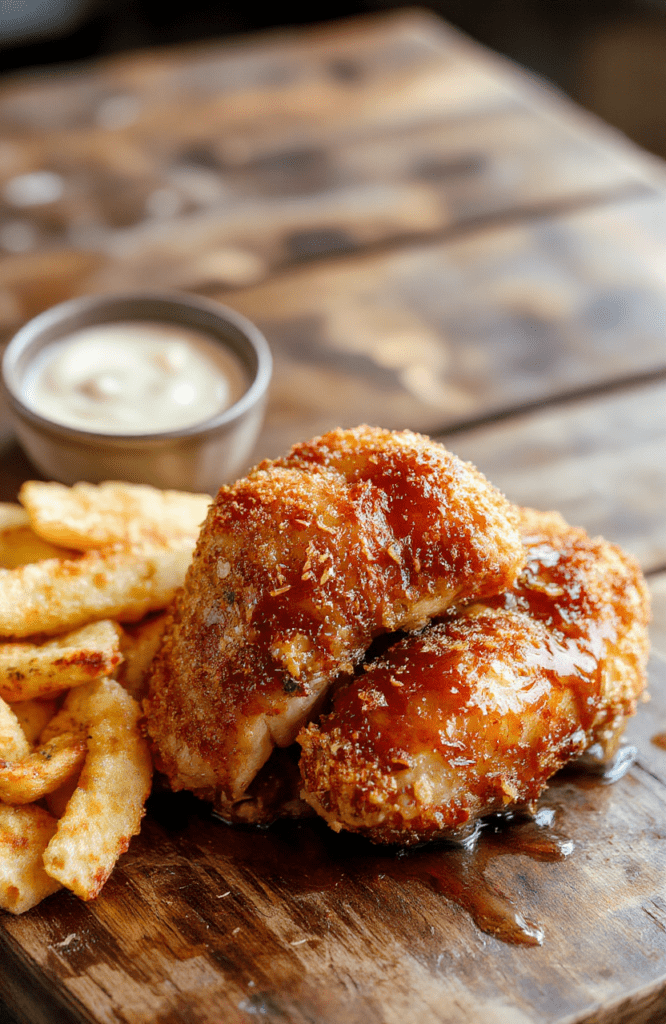 A visually appealing plate of crispy baked chicken glazed with vibrant golden hot honey sauce, garnished with fresh herbs, served on a rustic wooden table, with a glossy sauce drizzle and textured chicken skin contrasting with the smooth glaze.