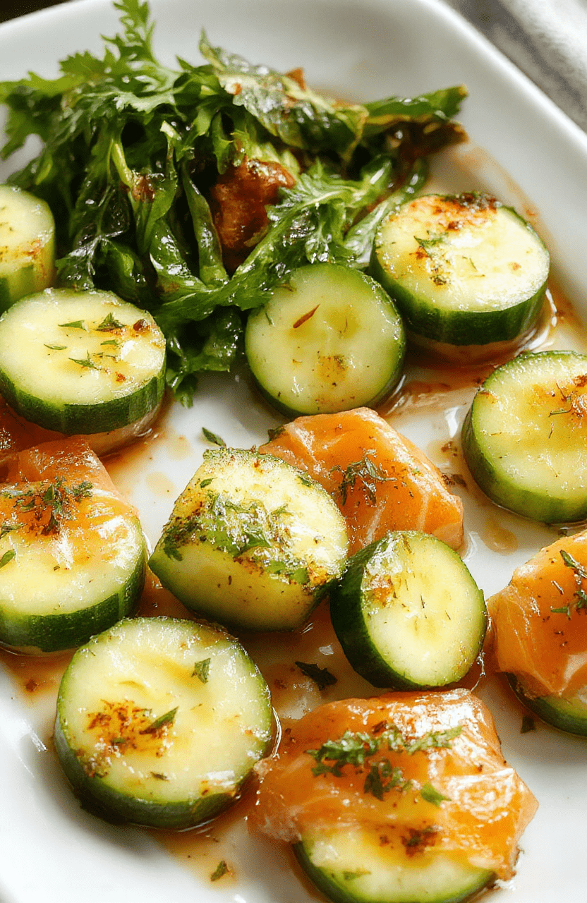 Colorful cucumber slices topped with delicate smoked salmon, cream cheese dollops, fresh herbs, and lemon zest, arranged elegantly on a white platter with a blurred background, showcasing textures of crisp cucumber and silky salmon, styled with fresh greens for a vibrant presentation.