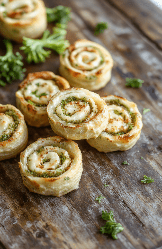 Colorful broccoli cheese pinwheels arranged on a white plate, featuring golden crispy edges, vibrant green broccoli flecks, creamy melted cheese, and flaky dough, styled simply with a soft background and natural light highlighting textures.