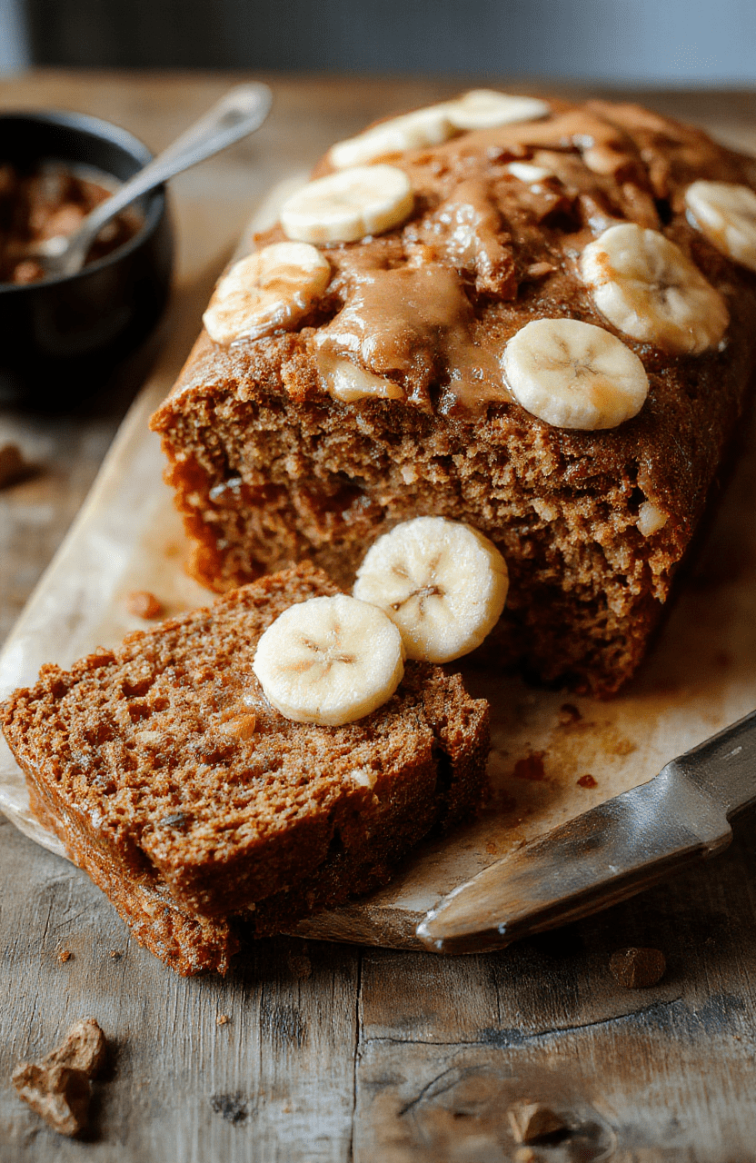 A slice of moist banana bread infused with shredded carrots, topped with cream cheese frosting and orange carrot slices for garnish, set on a rustic wooden surface with a cozy, inviting atmosphere.