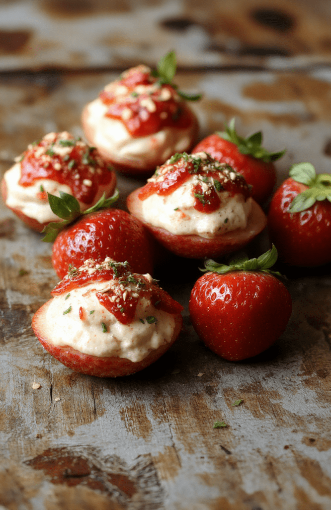 Colorful plated deviled strawberries garnished with fresh mint, vibrant red berries filled with creamy mixture, elegant presentation on a white plate, playful and inviting style, glossy and textured strawberries with smooth filling, styled minimally for a festive feel.