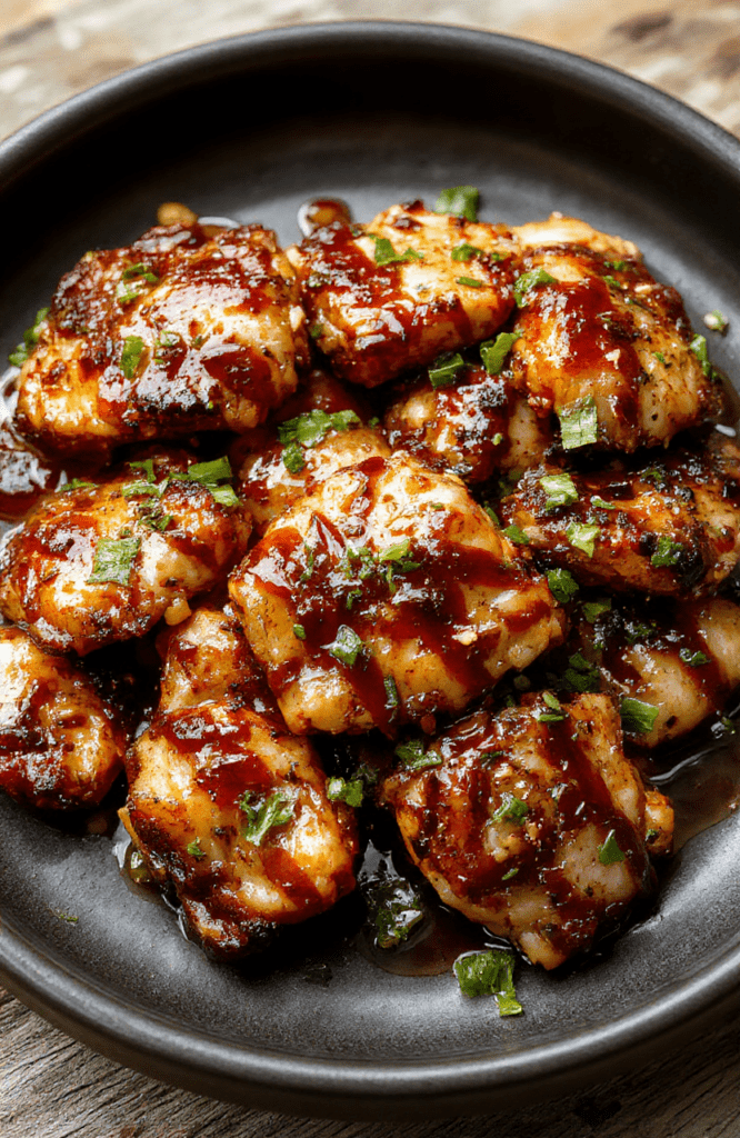 A vibrant plate of gluten-free air fryer teriyaki chicken glazed with shiny, caramelized sauce, garnished with sesame seeds and green onions, served on a white ceramic plate with a side of crisp steamed vegetables, highlighting the crispy texture and glossy finish of the chicken.