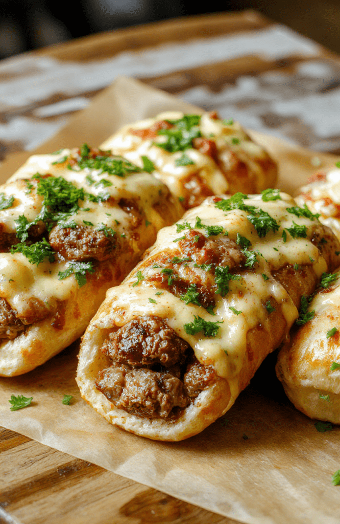 Colorful keto Philly cheesesteak rolls presented on a white ceramic plate, sliced open to reveal tender beef, melted cheese, and sautéed peppers, garnished with fresh herbs, with a rustic wooden background and soft natural lighting highlighting the textures.