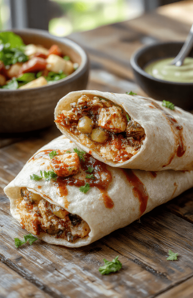 A vibrant and appetizing low carb crunchwrap sitting on a rustic wooden table. The wrap is golden brown with crispy edges, visibly filled with colorful fresh vegetables, melted cheese, and seasoned meat. The wrap is sliced open slightly to showcase the savory filling, with a crispy exterior and soft interior. In the background, there are small bowls of dipping sauce and a fresh side salad, styled casually for a mouth-watering, inviting presentation.