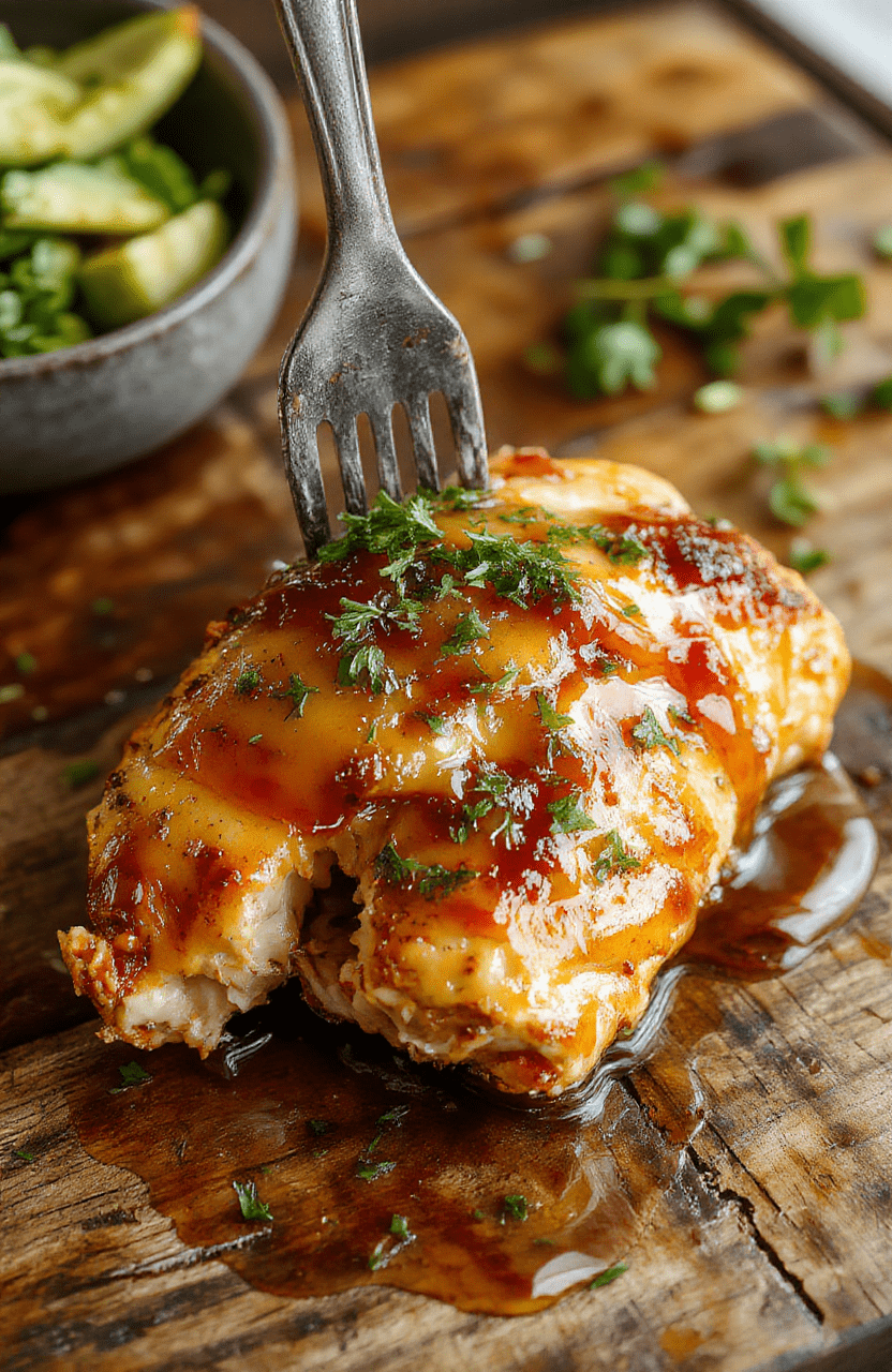 A close-up of melt-in-your-mouth honey butter chicken plated on a rustic wooden board, topped with a drizzle of honey butter and fresh herbs. The golden-brown chicken has a glossy, sticky glaze with crispy edges, served with a side of creamy mashed potatoes and vibrant steamed vegetables. The scene suggests a warm, comforting dinner with inviting textures and rich colors.