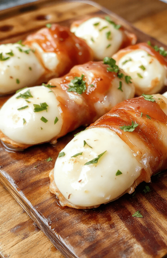 Colorful prosciutto wrapped mozzarella bites arranged on a white plate with fresh basil and cherry tomatoes, showcasing crispy prosciutto and creamy mozzarella textures, styled simply with a rustic wooden background and natural lighting.