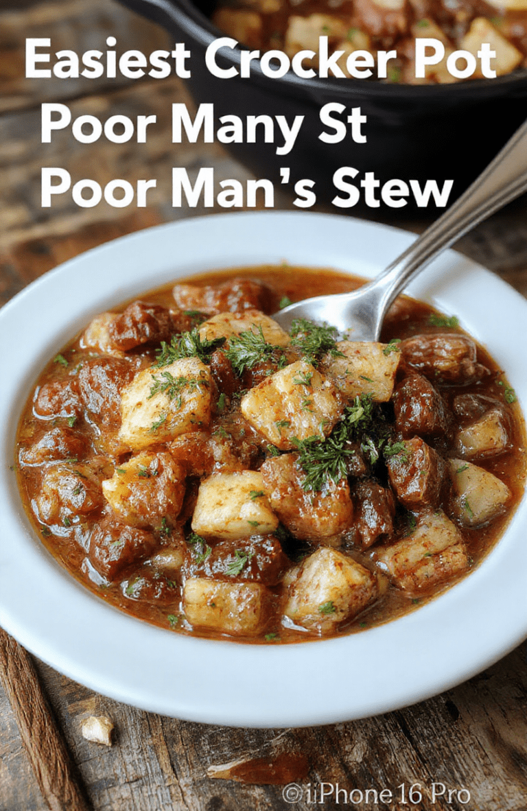 A rustic bowl of crock pot poor man's stew featuring tender chunks of beef, potatoes, carrots, and peas, garnished with fresh herbs, served on a wooden table with a warm, inviting atmosphere