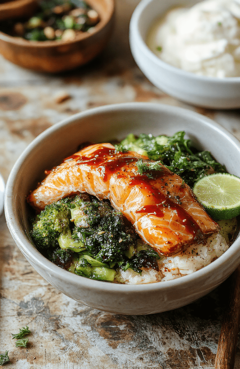 Colorful bowl featuring golden-brown teriyaki glazed salmon bites atop fluffy white rice, garnished with green scallions and sesame seeds, vibrant vegetables surrounding the dish, styled simply on a wooden surface with soft natural lighting highlighting textures