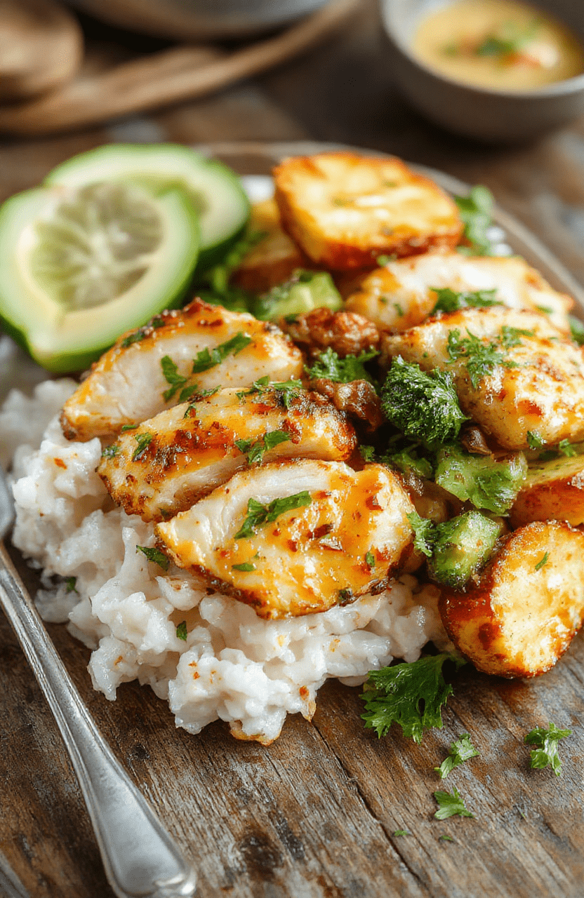 Plate of crispy air fryer chicken breasts served alongside colorful roasted vegetables on a rustic wooden table, with steam rising and a garnish of fresh herbs, showcasing a vibrant and appetizing presentation with textures of crispy chicken and tender vegetables.