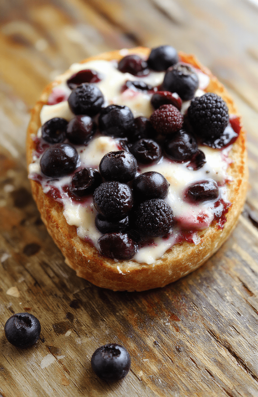 A sliced loaf of blueberry cream cheese bread resting on a rustic wooden board, showcasing vibrant blueberry swirls and a creamy topping with a soft, golden crust and a moist interior flecked with blueberries.