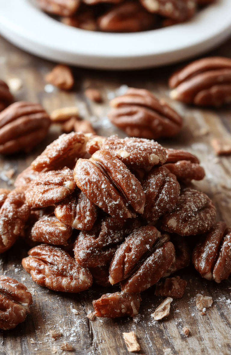 A close-up of golden-brown cinnamon sugar pecans piled on a rustic white plate, with a sprinkle of cinnamon and sugar visible, set against a wooden background, styled with subtle shadows, highlighting their crunchy texture and glossy coating.