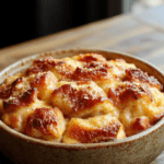 A warm, golden-brown bread pudding served in a rustic ceramic dish topped with a drizzle of caramel sauce and a dusting of powdered sugar, with a background of soft, cozy lighting highlighting the creamy texture of the pudding and the slightly crispy edges.