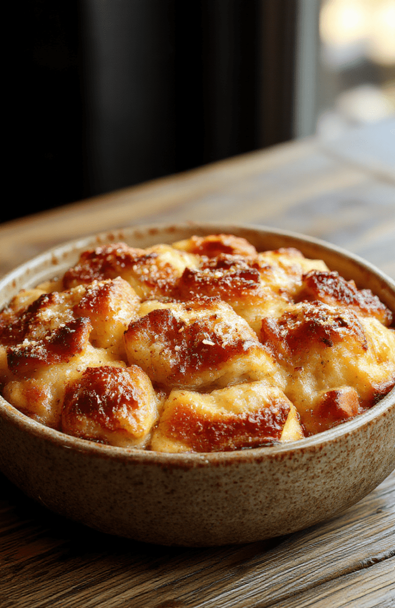 A warm, golden-brown bread pudding served in a rustic ceramic dish topped with a drizzle of caramel sauce and a dusting of powdered sugar, with a background of soft, cozy lighting highlighting the creamy texture of the pudding and the slightly crispy edges.