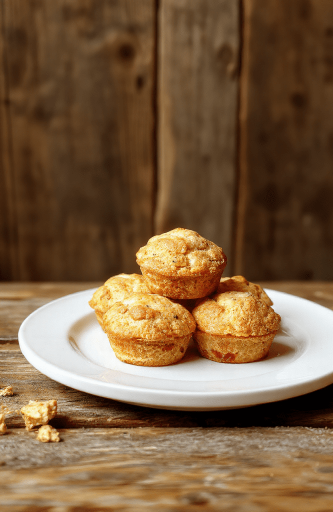 Colorful mini muffins with a golden top, arranged on a white plate, with soft natural light highlighting their fluffy texture and small size, garnished with a sprinkle of sugar, styled casually for a homemade look.