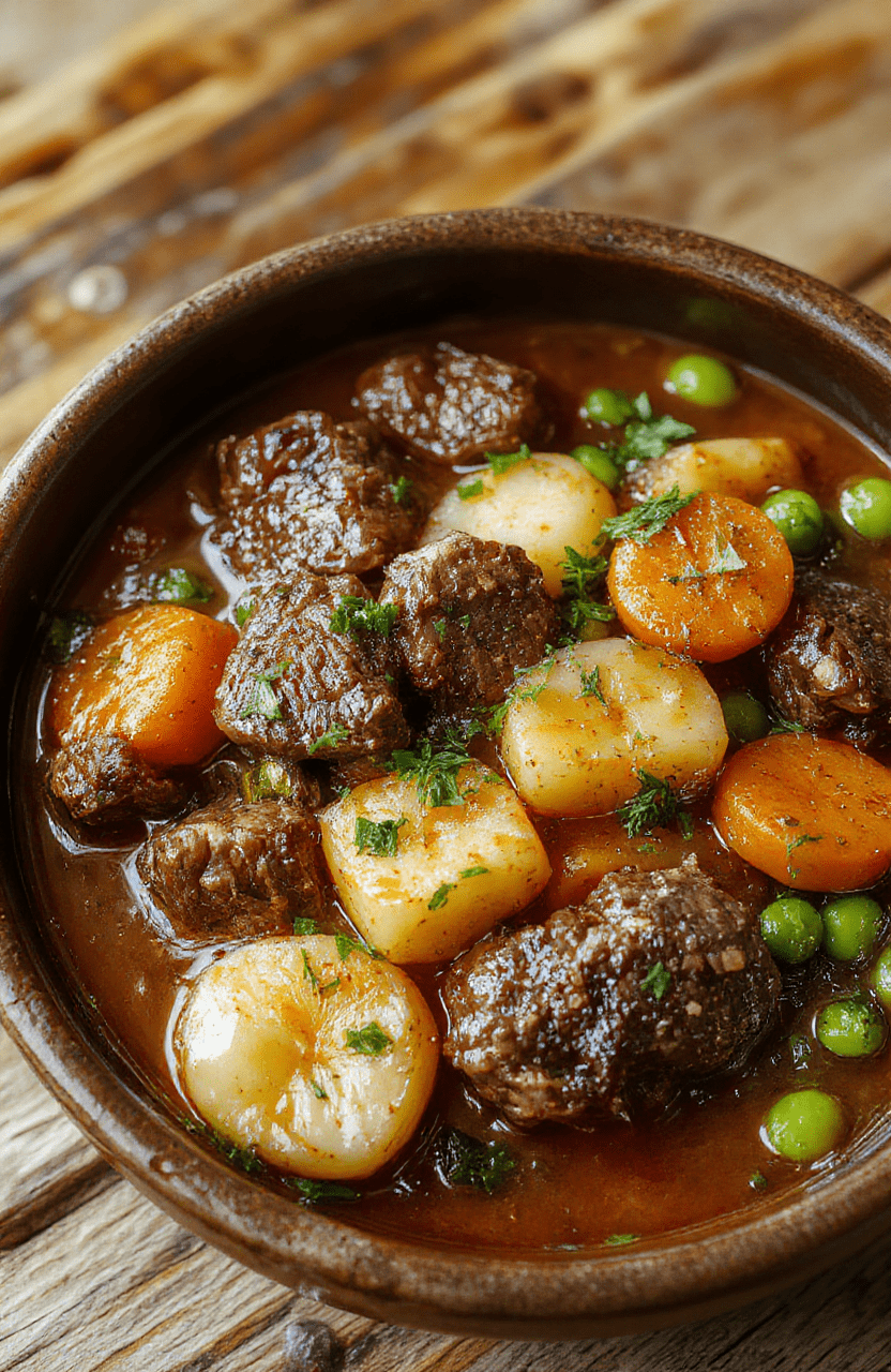 A hearty beef stew in a rustic bowl, with tender chunks of beef, carrots, potatoes, and peas garnished with fresh herbs, sitting on a wooden table with a warm, inviting background.