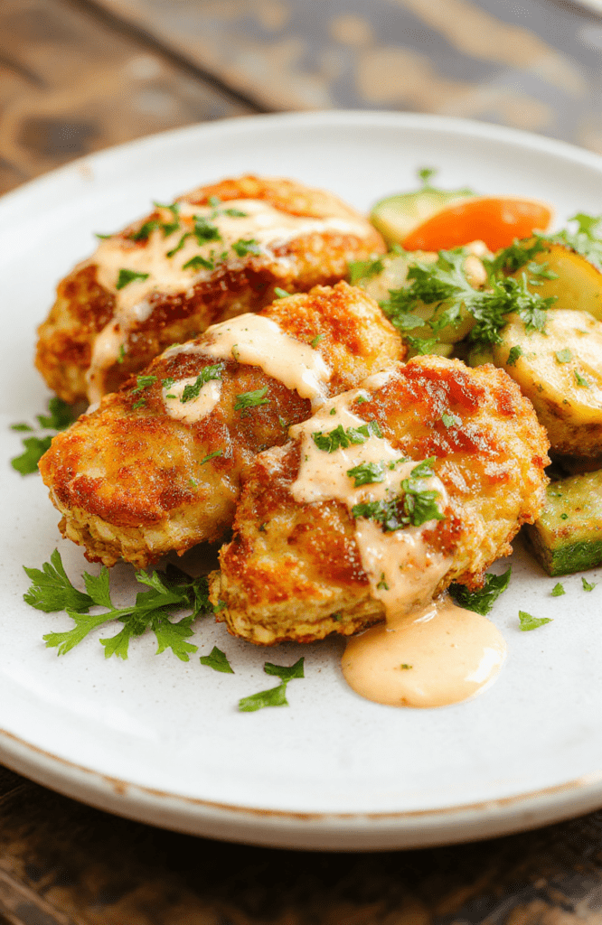 Golden crispy chicken tenders glazed with creamy crack chicken sauce, served on a rustic white plate with fresh herbs and a side of vegetables, textures crunchy and tender, styled simply to highlight the juicy, flavorful chicken with a glossy coating.