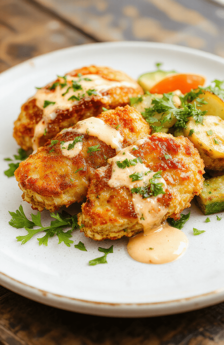 Golden crispy chicken tenders glazed with creamy crack chicken sauce, served on a rustic white plate with fresh herbs and a side of vegetables, textures crunchy and tender, styled simply to highlight the juicy, flavorful chicken with a glossy coating.