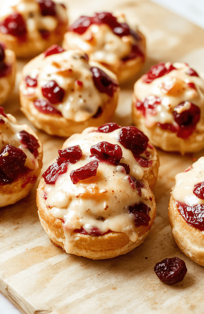 Colorful cranberry, creamy brie, and golden baked pastry bites arranged on a white plate with red and green accents, lightly sprinkled with chopped herbs, styled simply for a festive look.
