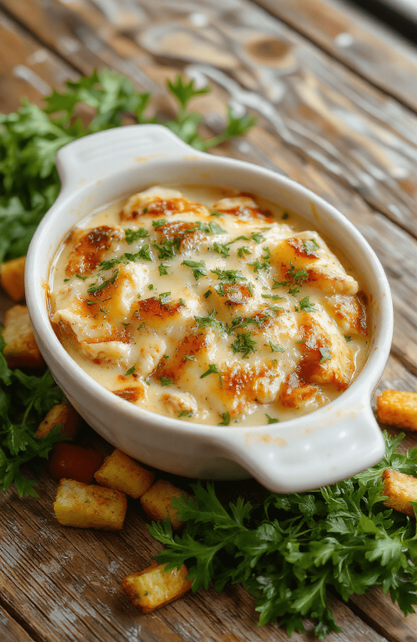 A creamy low carb chicken casserole in a white ceramic dish topped with melted cheese and fresh herbs, surrounded by colorful vegetables on a rustic wooden surface, with a golden-brown crust and glossy sauce, styled in a homey, inviting setting.