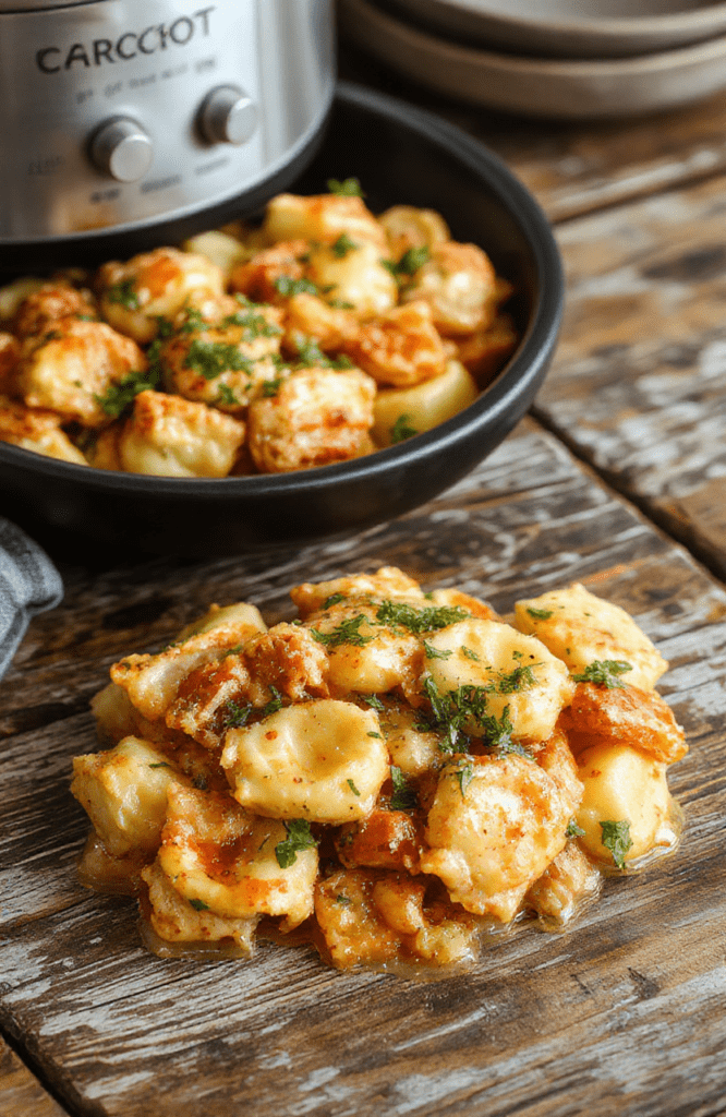 A colorful plate of creamy chicken tortellini pasta garnished with fresh herbs, served in a rustic bowl with a side of vegetables, highlighting the rich sauce and tender pasta, styled with natural lighting and a cozy background.