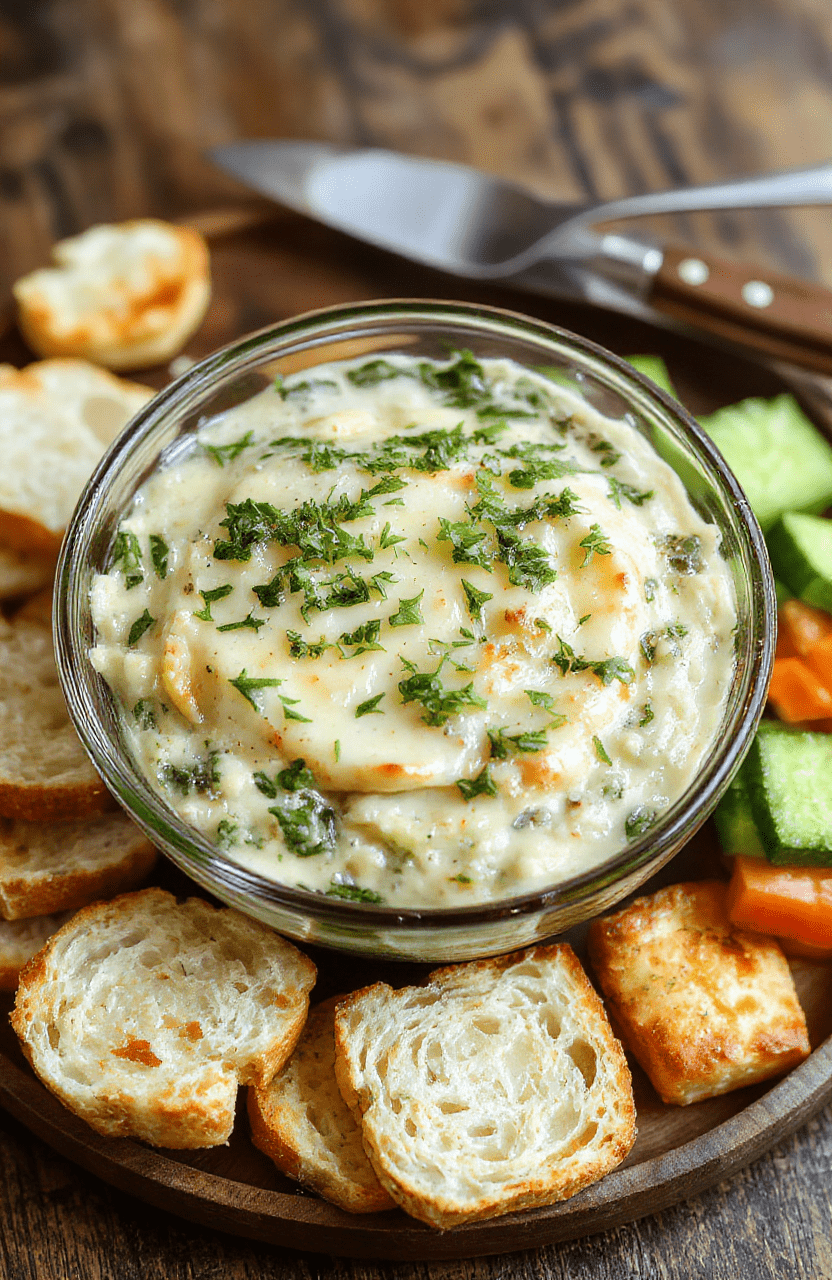 A creamy spinach artichoke dip in a clear glass bowl, topped with melted cheese and sprinkled with chopped parsley, surrounded by crispy baguette slices and fresh vegetable sticks on a rustic wooden table, with a cozy, inviting atmosphere.