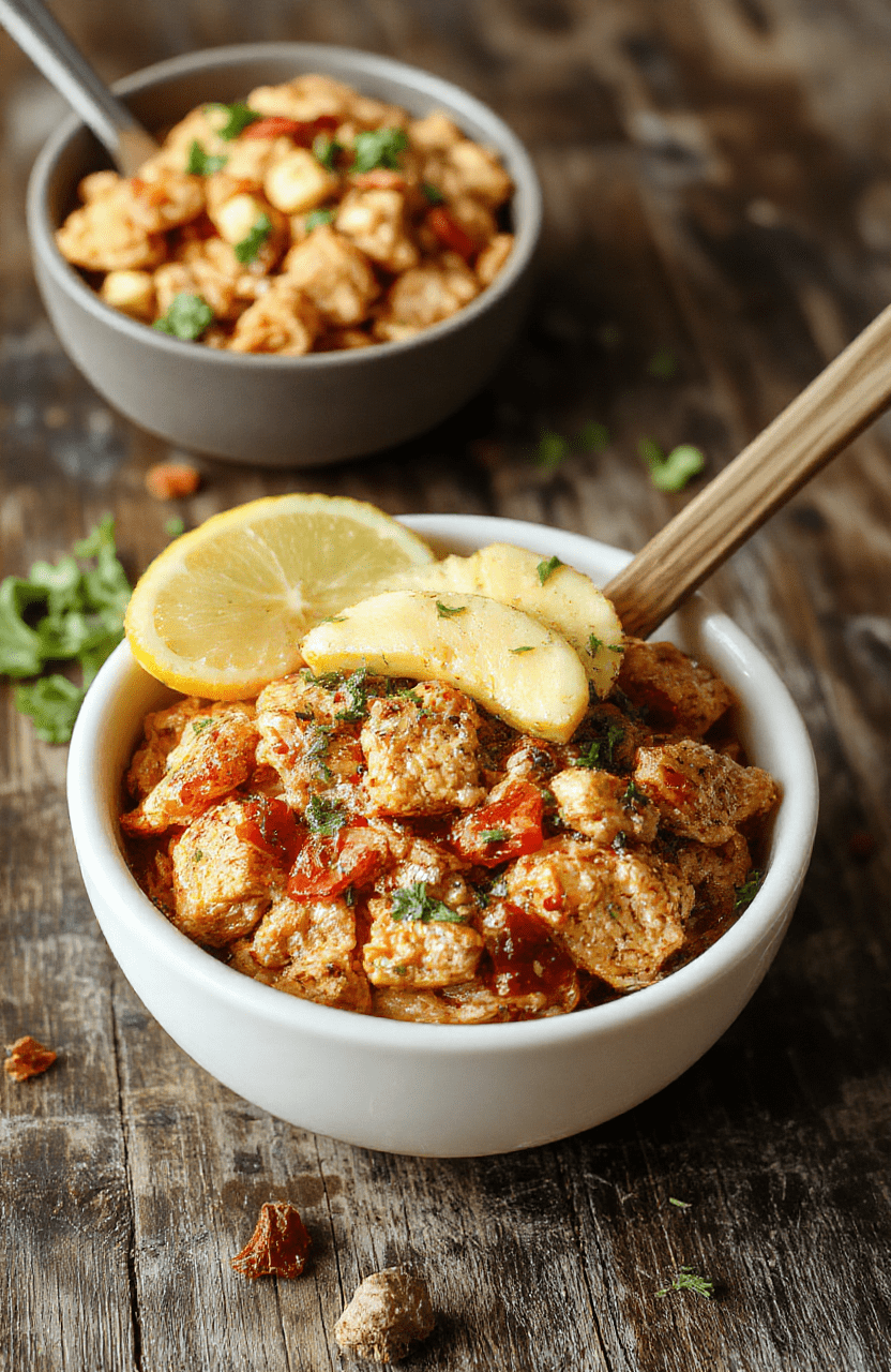A vibrant plate of Bang Bang Chicken Bowls featuring crispy chicken chunks coated in creamy spicy sauce, garnished with green scallions and sesame seeds, served over a bed of fluffy rice with colorful vegetables on a white plate, styled with fresh ingredients for an inviting presentation.