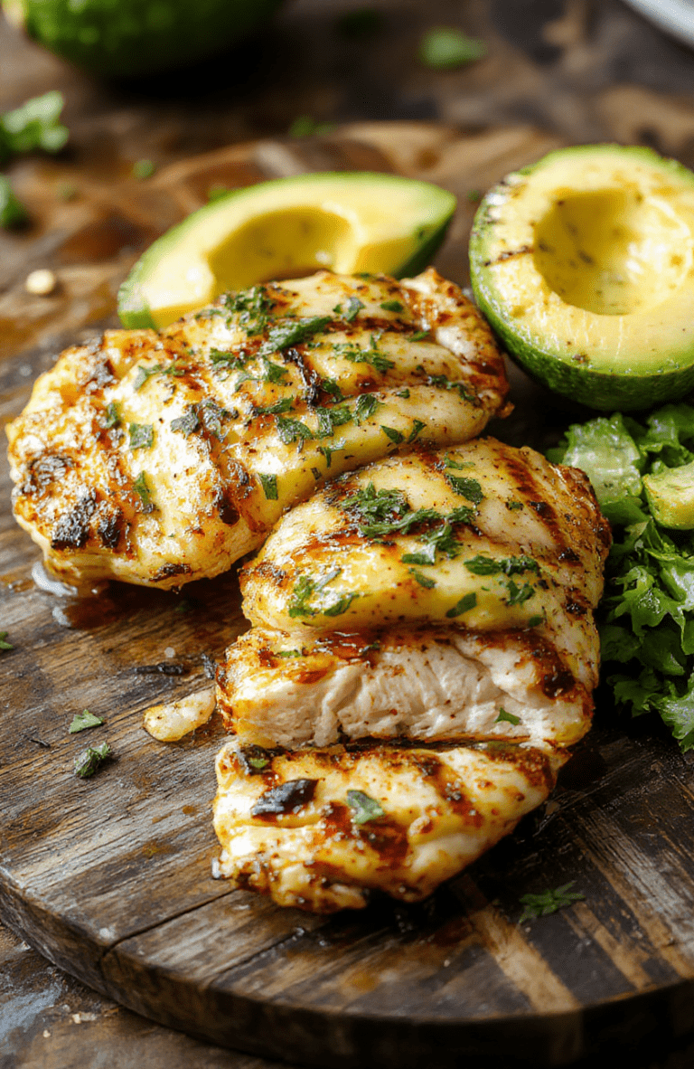 A vibrant plate featuring grilled chicken topped with ripe avocado slices, colorful cherry tomatoes, and fresh herbs, served on stylish white dish, with a bright summer background, textured wooden table, and a drizzle of sauce, emphasizing freshness and healthy ingredients.