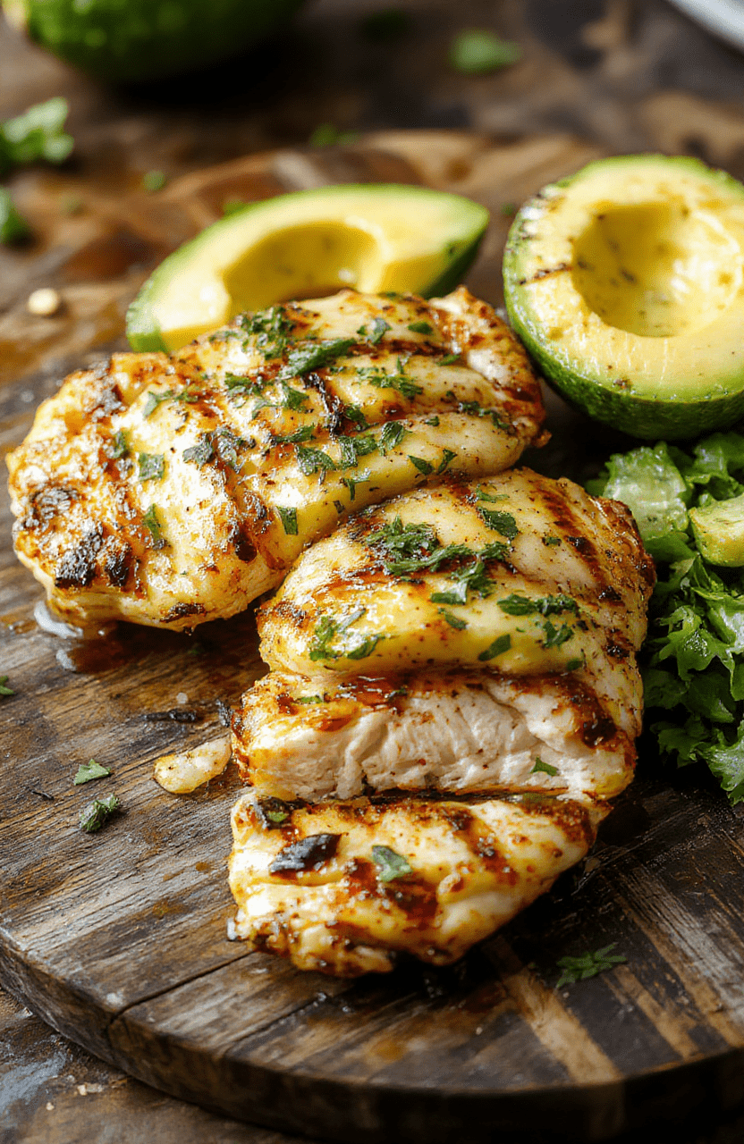 A vibrant plate featuring grilled chicken topped with ripe avocado slices, colorful cherry tomatoes, and fresh herbs, served on stylish white dish, with a bright summer background, textured wooden table, and a drizzle of sauce, emphasizing freshness and healthy ingredients.