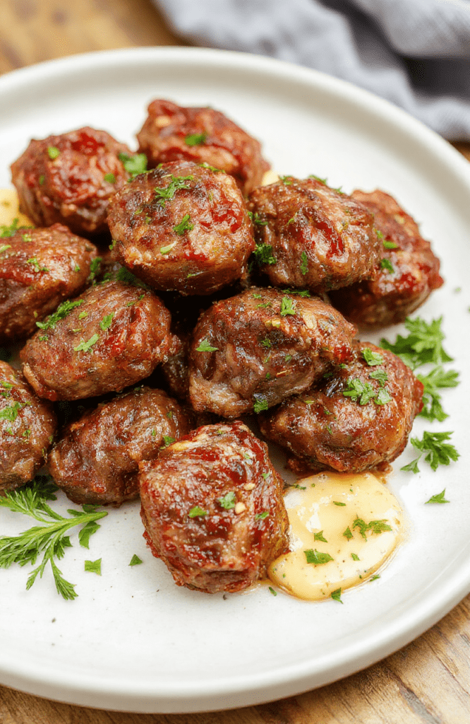 A close-up shot of juicy beef bites glazed with golden garlic butter sauce, garnished with fresh herbs, served on a rustic white plate with a background of a wooden kitchen countertop and rustic utensils, showcasing a glossy, tender, and flavorful dish with a tempting sheen and vibrant color contrasts.