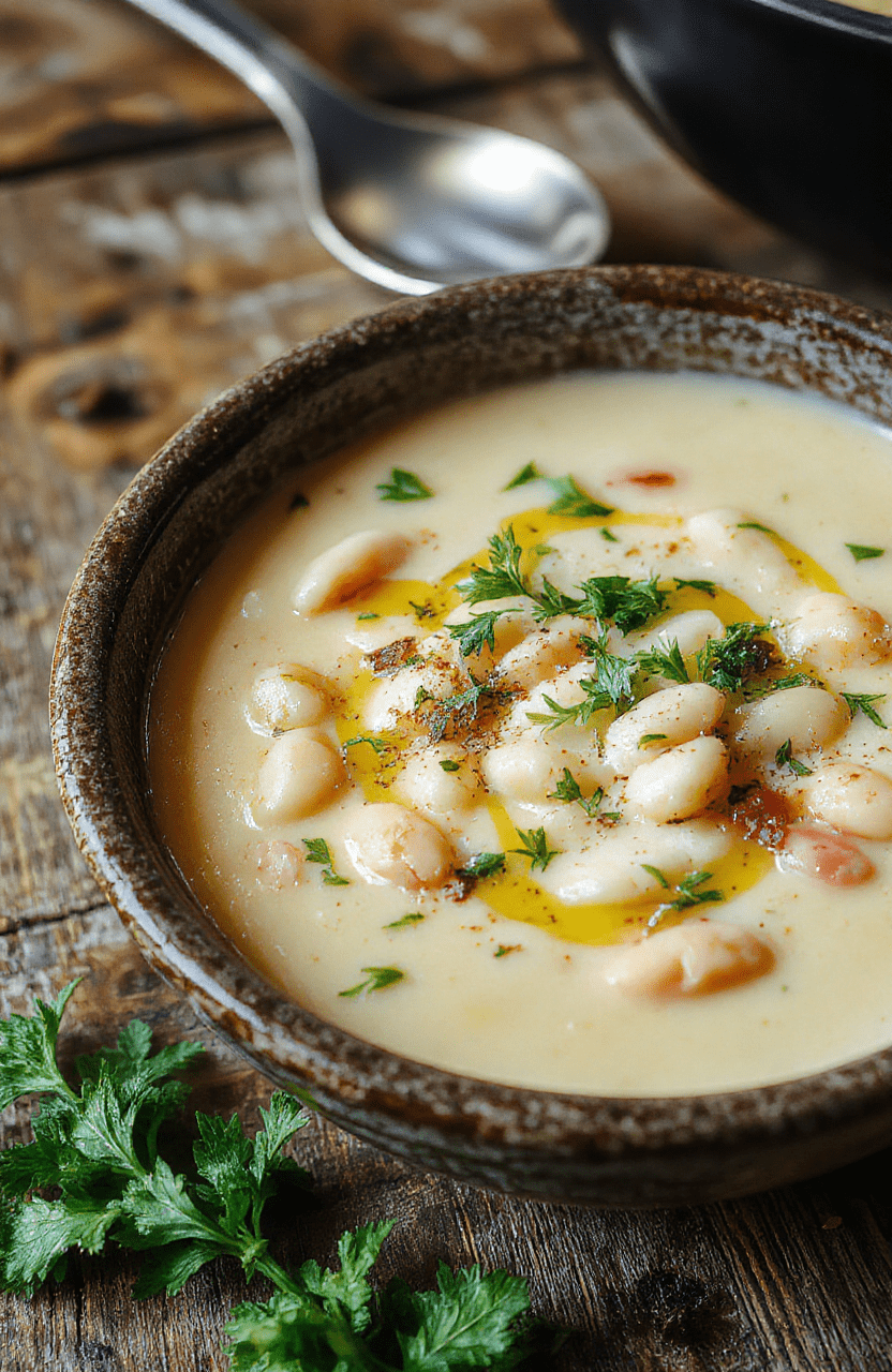 A vibrant bowl of white bean soup garnished with fresh herbs, drizzled with olive oil, showcasing a creamy texture and colorful ingredients on a rustic wooden table