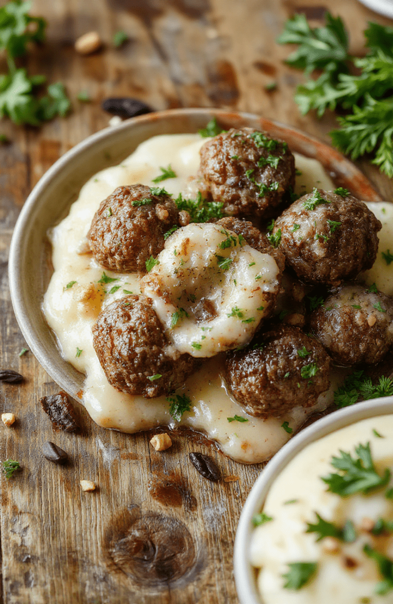 A rustic plate featuring savory Salisbury steak meatballs topped with a rich gravy, served alongside creamy garlic herb mashed potatoes, garnished with fresh herbs, with a warm, inviting background and textured rustic table setting.