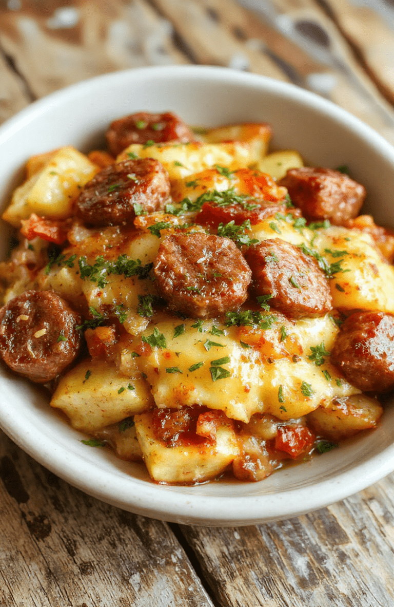 A hearty sausage and potato casserole served in a rustic ceramic dish, featuring golden-brown roasted potatoes, sliced sausage, and melted cheese, garnished with fresh herbs, with a cozy home kitchen background.