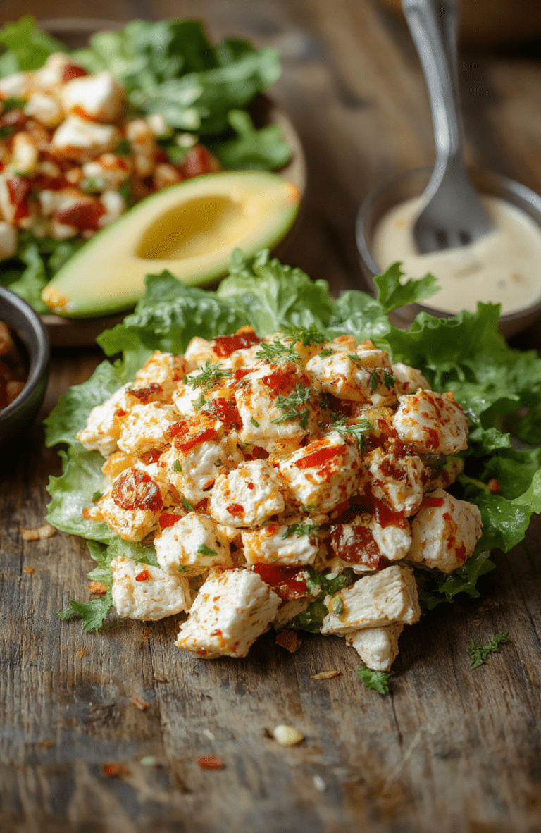 Colorful Southwest Chicken Salad on a white plate, featuring sliced grilled chicken, vibrant bell peppers, cherry tomatoes, black beans, corn, and fresh cilantro, all topped with crumbled queso fresco and a drizzle of lime dressing, styled simply on a rustic wooden table with natural daylight.