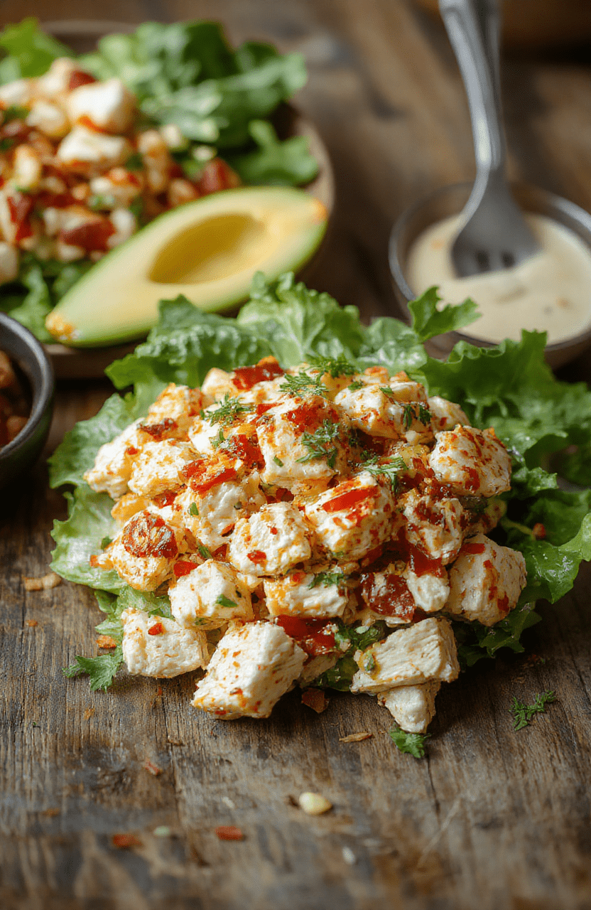 Colorful Southwest Chicken Salad on a white plate, featuring sliced grilled chicken, vibrant bell peppers, cherry tomatoes, black beans, corn, and fresh cilantro, all topped with crumbled queso fresco and a drizzle of lime dressing, styled simply on a rustic wooden table with natural daylight.