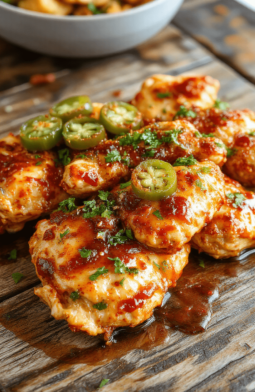 A vibrant plate of Jalapeño Chicken featuring golden-brown grilled chicken topped with sliced fresh jalapeños, garnished with cilantro. The dish is served on a rustic wooden surface with a side of lime wedges, showcasing the spicy and savory textures with a glossy glaze.