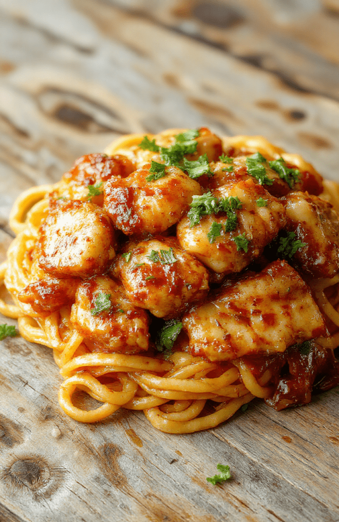 Colorful garlic chicken noodles plated on a rustic wooden table, topped with fresh chopped herbs, glossy sauce, and crispy garlic slices, styled simply with a neutral background.