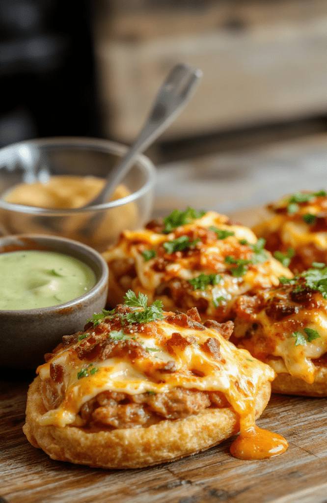 Colorful taco ranch bites arranged on a white platter, highlighting crispy edges, cheesy filling, and vibrant toppings like lettuce, tomatoes, and jalapenos, styled on a rustic wooden surface with fresh ingredients around.