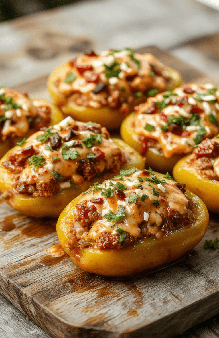 Colorful bell peppers filled with seasoned ground beef, black beans, corn, and melted cheese, topped with fresh cilantro and diced tomatoes, arranged neatly on a rustic wooden plate, vibrant and tempting.
