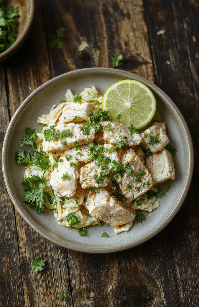 A vibrant plate of shredded cilantro lime chicken with fresh lime wedges, chopped cilantro, and a drizzle of sauce, served on a rustic wooden table.