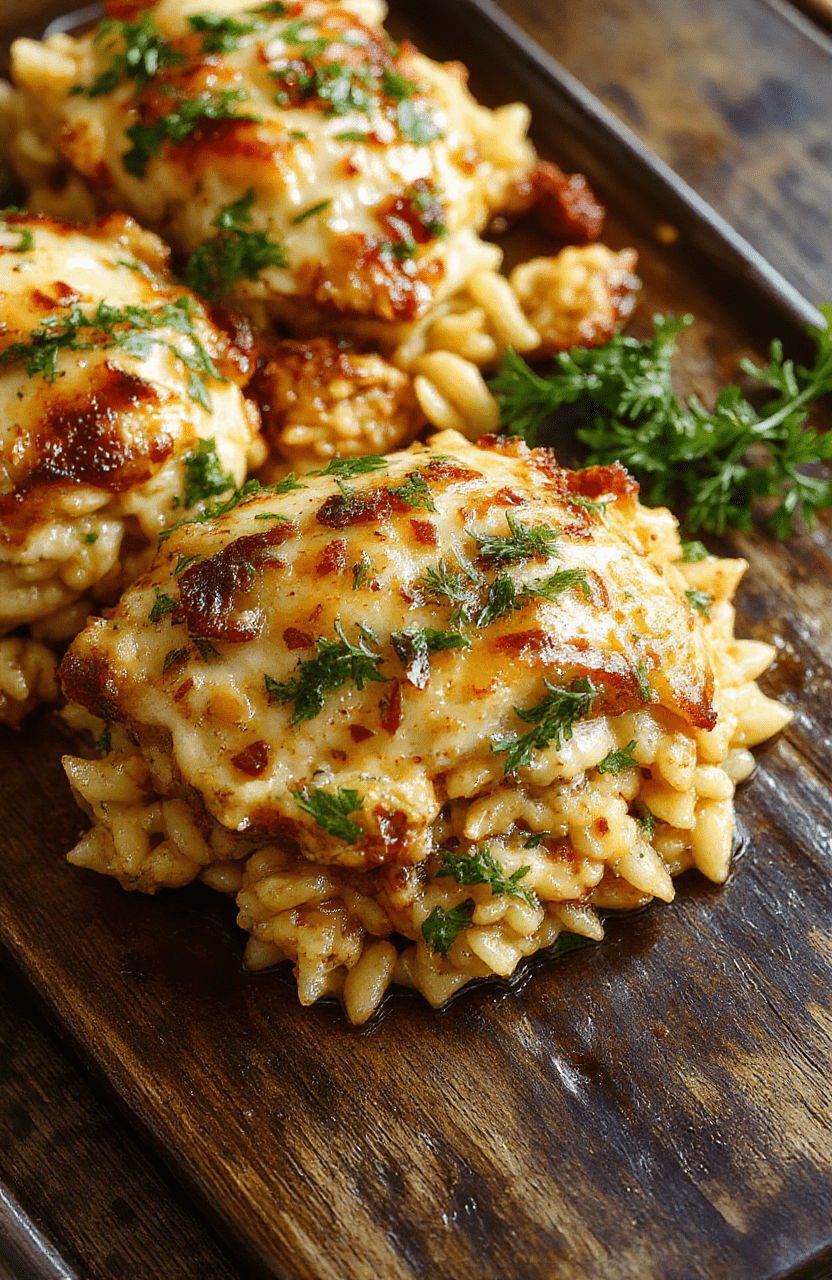 A cozy casserole dish filled with golden-brown baked chicken, tender orzo pasta, caramelized onions, and melted cheese, garnished with fresh herbs, all styled in a rustic ceramic baking dish on a wooden table.