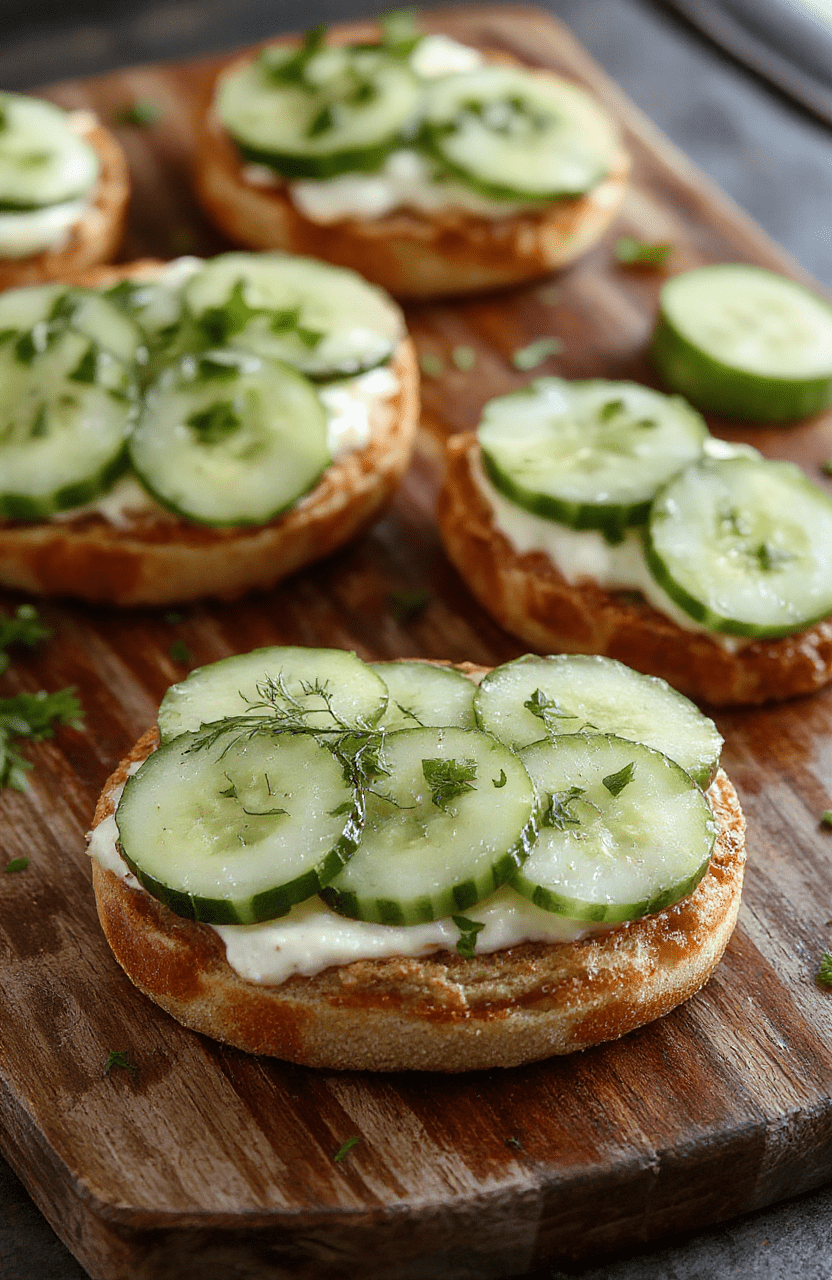 Colorful cucumber sandwiches arranged neatly on a white platter with thinly sliced cucumbers, cream cheese spread, and fresh herbs, styled with a rustic wooden background, highlighting their crisp texture and vibrant green and white colors.