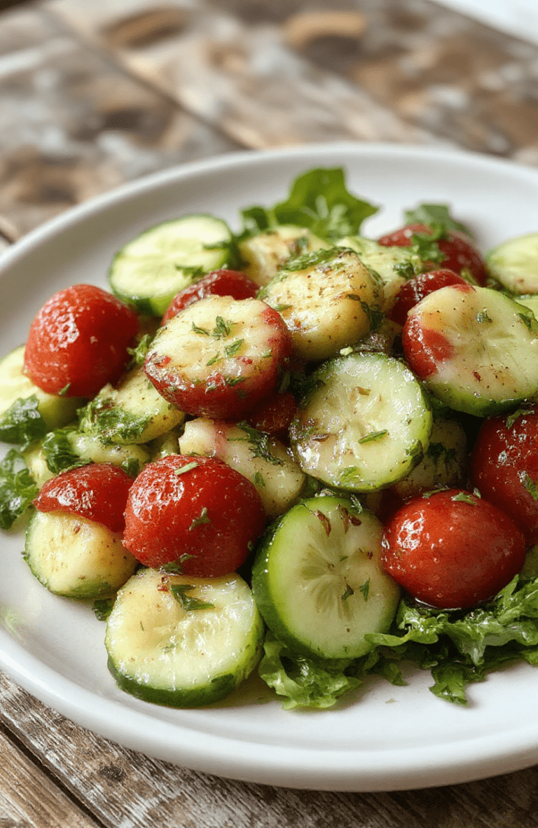 A vibrant summer salad featuring crisp cucumber slices and juicy strawberry halves arranged on a white ceramic plate. The dish is garnished with fresh mint leaves and drizzled with a light vinaigrette, highlighting bright red strawberries and green cucumber with a glossy finish. The background is softly blurred with natural daylight, emphasizing the fresh textures and colorful presentation.