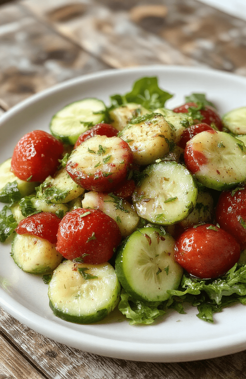 A vibrant summer salad featuring crisp cucumber slices and juicy strawberry halves arranged on a white ceramic plate. The dish is garnished with fresh mint leaves and drizzled with a light vinaigrette, highlighting bright red strawberries and green cucumber with a glossy finish. The background is softly blurred with natural daylight, emphasizing the fresh textures and colorful presentation.