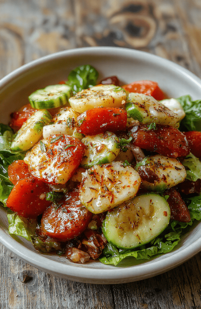 A vibrant and colorful Mediterranean salad arranged on a white plate. The salad features crisp cucumber slices, juicy cherry tomatoes, thinly sliced red onion, and green herbs, all tossed in a light vinaigrette. The textures look fresh and crunchy, with a glossy dressing that enhances the vivid colors. The presentation is simple yet inviting, with a rustic wooden table background and natural daylight highlighting the freshness of the ingredients.