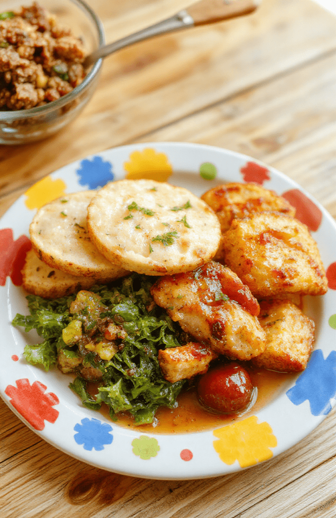 Colorful plate featuring a kid-friendly lunch or dinner with vibrant vegetables, cheesy toppings, and neatly arranged portions on a playful, kid-appealing plate, styled on a natural wooden table with bright lighting highlighting textures and colors.