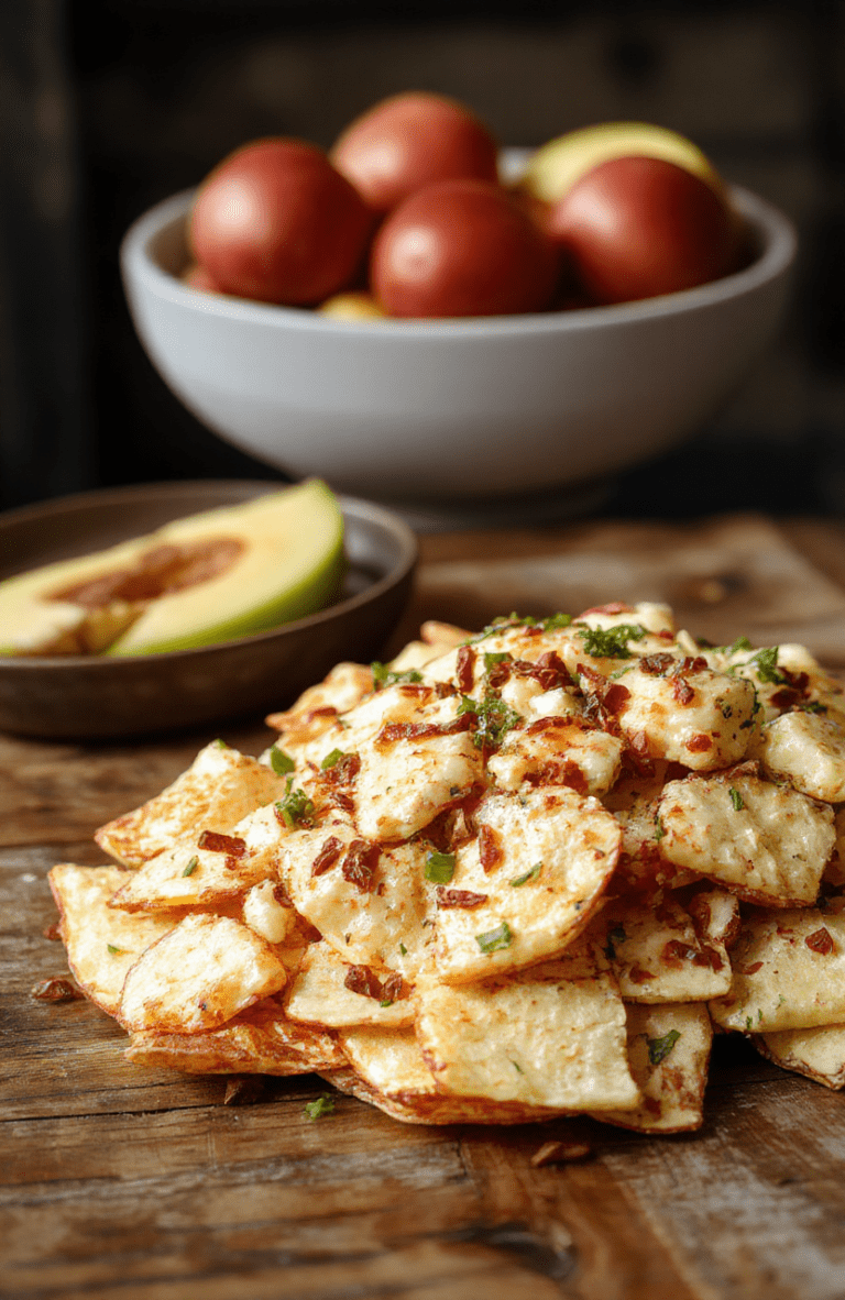 Colorful plate of healthy apple nachos featuring sliced fresh apples topped with drizzles of caramel and chocolate sauce, sprinkled with granola and seeds, styled on a rustic wooden table with a vibrant, inviting look.