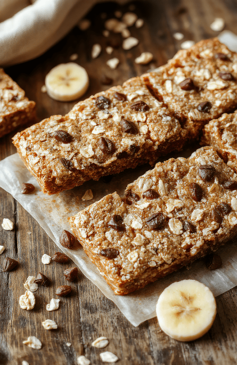 Colorful banana oatmeal bars neatly arranged on a rustic wooden cutting board, showcasing their golden-brown crust and hearty texture with visible banana and oats, garnished with a sprinkle of chia seeds and sliced banana for a vibrant and inviting presentation.