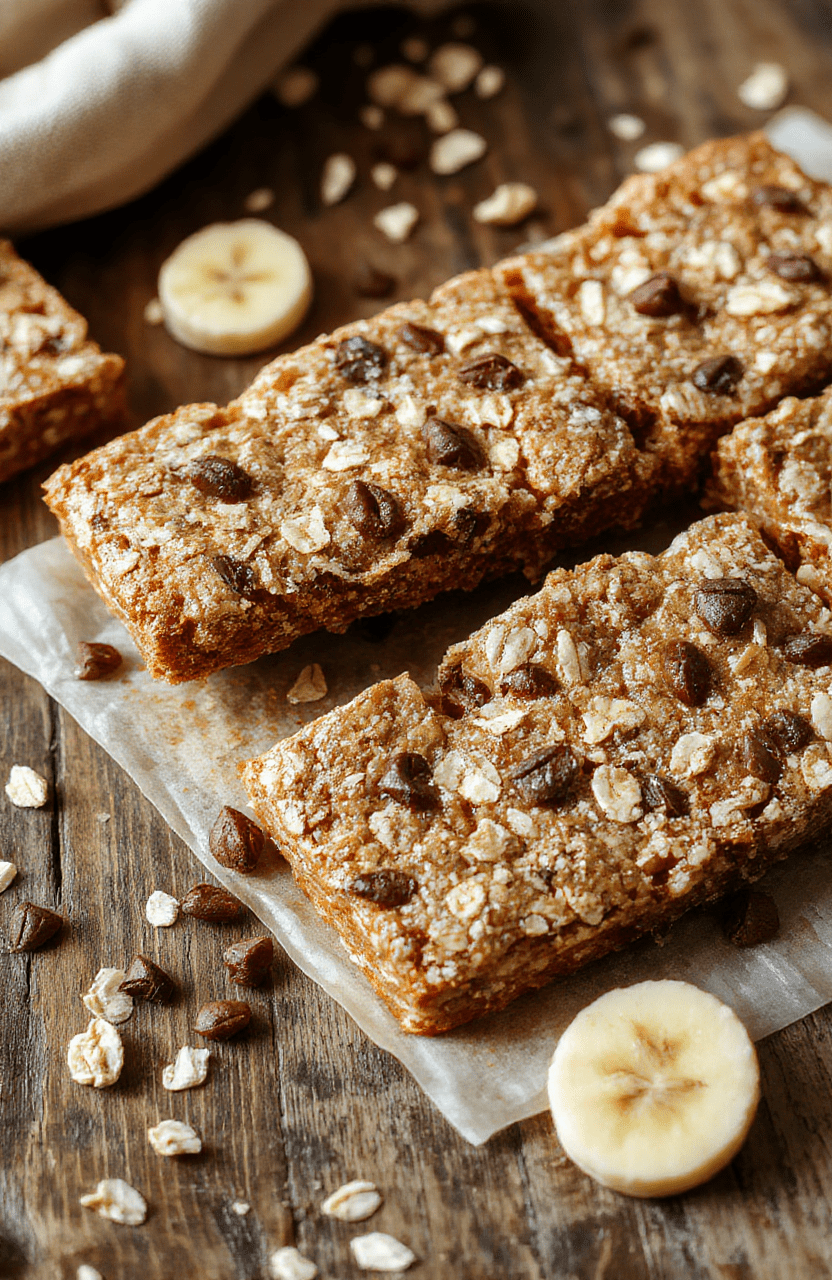 Colorful banana oatmeal bars neatly arranged on a rustic wooden cutting board, showcasing their golden-brown crust and hearty texture with visible banana and oats, garnished with a sprinkle of chia seeds and sliced banana for a vibrant and inviting presentation.