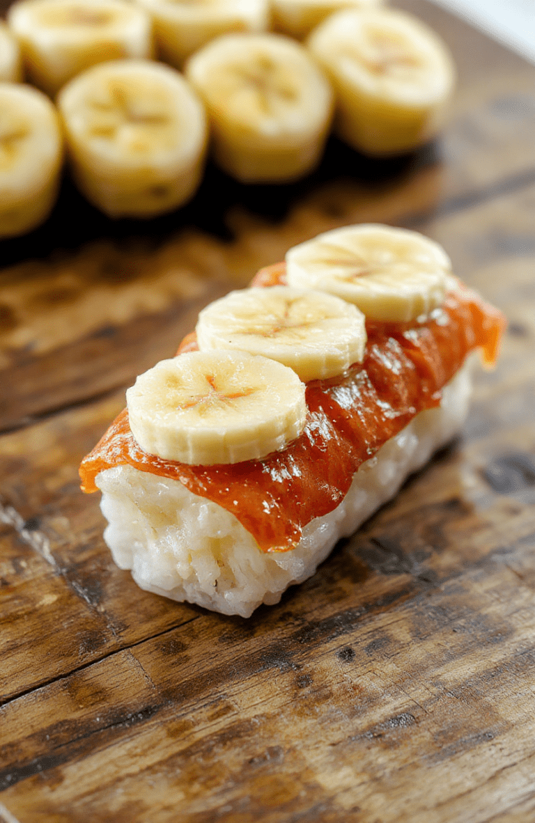 Colorful banana sushi arranged neatly on a white plate, sliced into bite-sized pieces with visible layers of banana, colorful fruit toppings, and playful presentation, styled with natural daylight and soft shadows